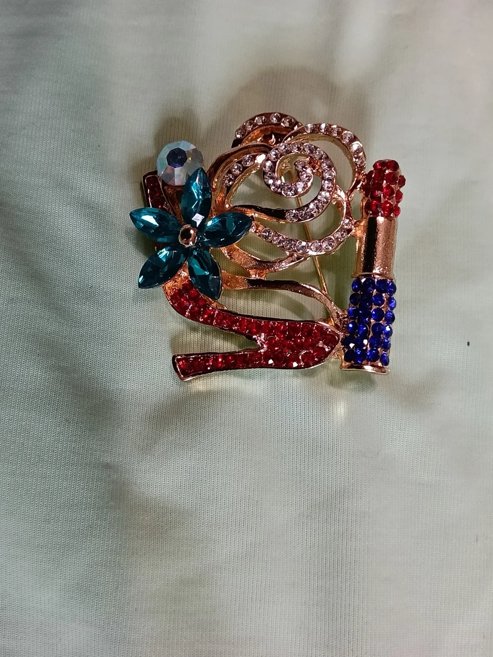Heels & Lipstick Crystal Brooch with Red, Blue & Teal Accents